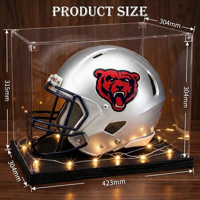 Football Helmet Display Case with Light Strip, Full Size Helmet Display Case with Wood Grain Base, UV Protection Helmet Showcase for Football, Hockey, Baseball, Motorcycle Helmets, Memorabilia Sports