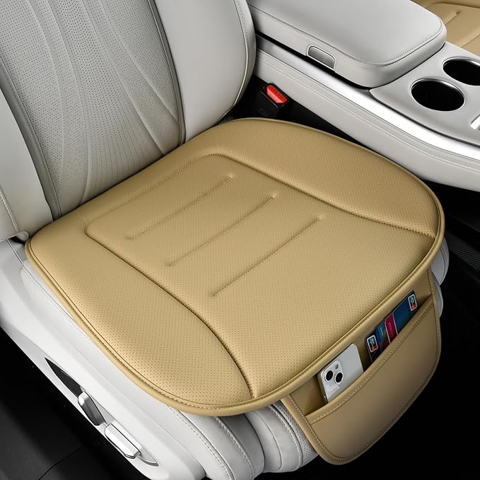 KAYI Car Seat Cushion, Comfort Memory Foam Car Cushions for Driving, Breathable Leather Surface with Anti Slip Rubber Bottom, Seat Cushion for Car and Office Chair (1 Pack, Beige)