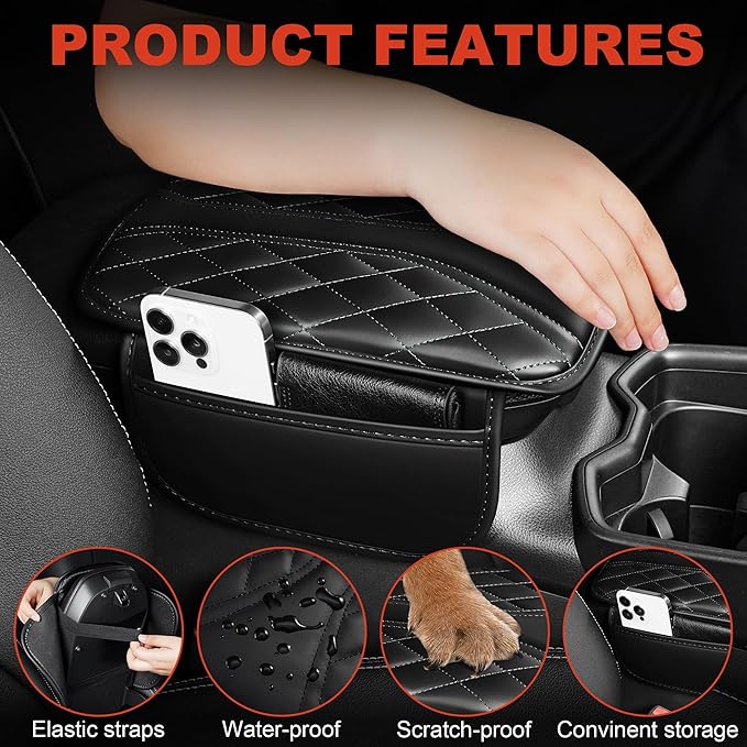 Center Console Cover Fit for Kia Sorento 2003-2025 with 2 Storage Bags Waterproof Leather Quilted Pattern Car Armrest Cover Cushion Anti - Slip(002#Black)