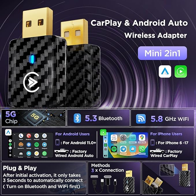 MSXTTLY 2in1 Carplay Wireless Adapter Android Auto Wireless Adapter, Mini USB Small Dongle Fast Auto Connect, Car Play Play Plug, for Apple iPhone iOS & Android 11+, OEM Wired Car Model 2017+, Black