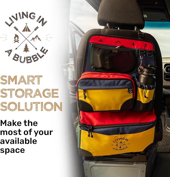 Living in a Bubble Seat back Organizer – Magnetic Toiletry and Cooler Pouch, Cordura Car Backseat Storage with Device Holder & Hooks, Multi-Compartment Utility Bag for Campervans & Family Travel