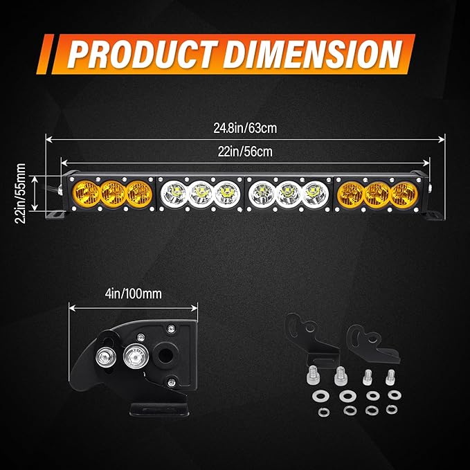 AUXTINGS 22 inch Single Row Dual Color LED Light Bar 120W Off Road Light Bar White Amber Combo LED Work Light Truck UTV 4x4 Cars SUVs ATVs Boats Fog Driving Light with Wiring Harness kit