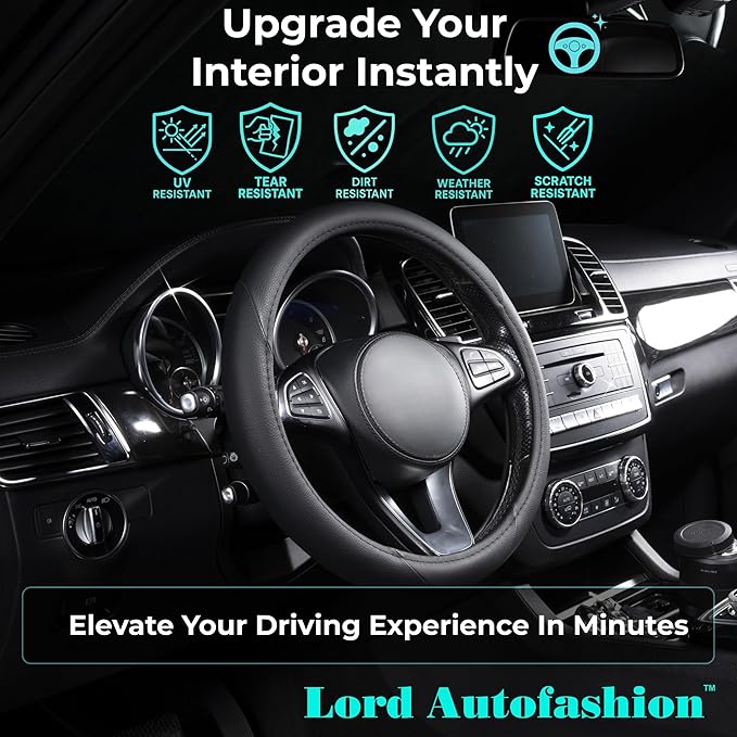 Lord Autofashion Steering Wheel Cover – PU Leather, Non-Slip Rubber Inner, All-Season Comfort – 14.5–15 Inch (Black 7414)