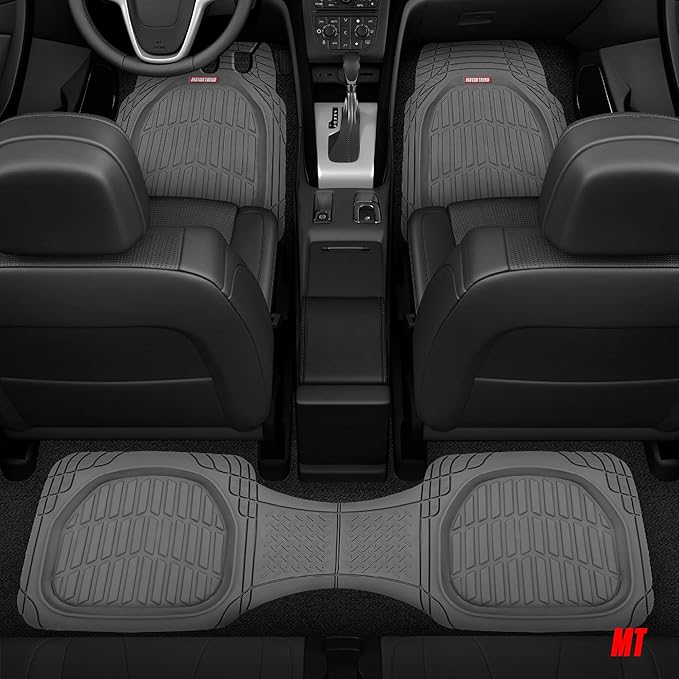 Motor Trend FlexTough 4-Piece Heavy Duty Floor Mats for Cars Trucks SUVs, Automotive Floor Mats Car Mats Full Set Front, Rear & Cargo, Trim-To-Fit Semi-Custom Deep Dish All Weather Rubber Mats - Gray