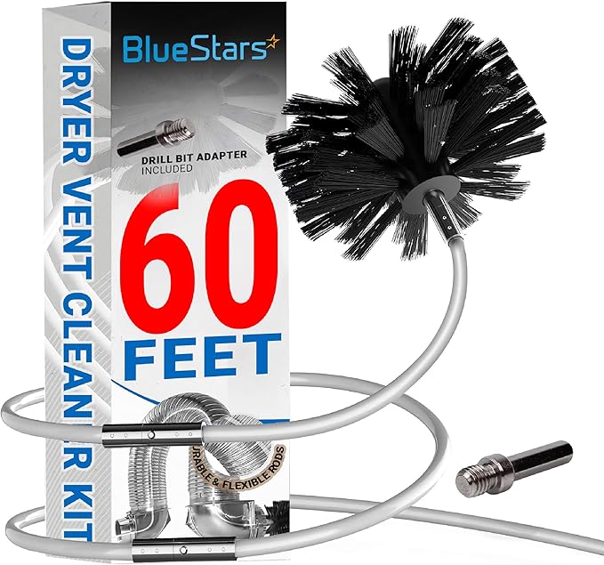 BlueStars 60-Feet Dryer Vent Cleaner Kit with Drill Attachment — Flexible Lint Remover Brush, Extends Up to 60 ft, Works with or Without Power Drill