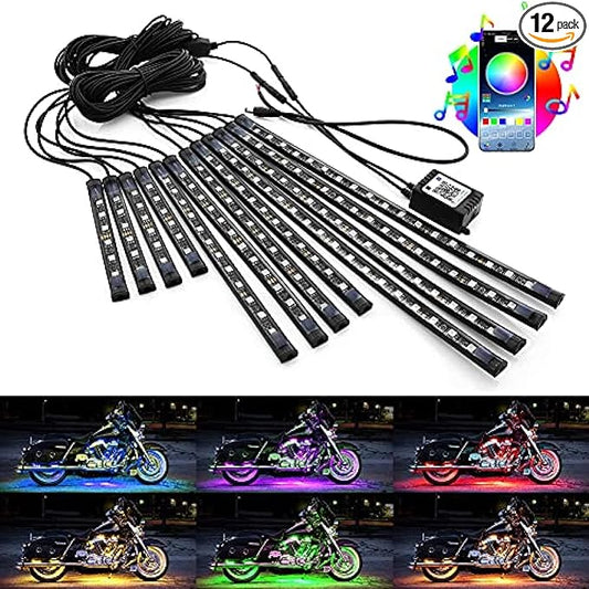 12pcs Motorcycle LED Underglow Kits,16 Million Colors A PP Control RGB Motorcycle LED Lights Sync to Music Waterproof DC12V.