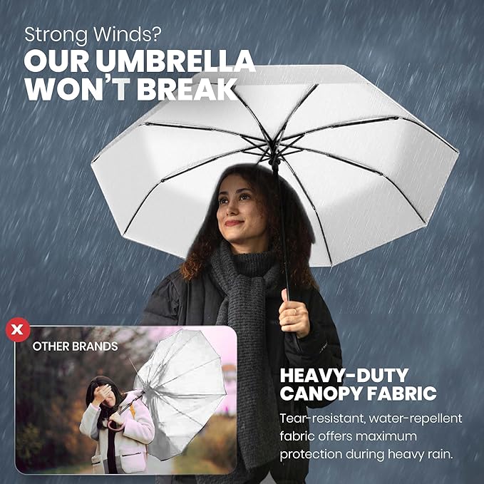 Rain-Mate Windproof Compact Umbrellas for Rain - Strong Reinforced Fiberglass Rib Design & Auto Open & Close - Portable Folding Travel Umbrella - Lightweight & Packable for Women & Men, Easy Collapse