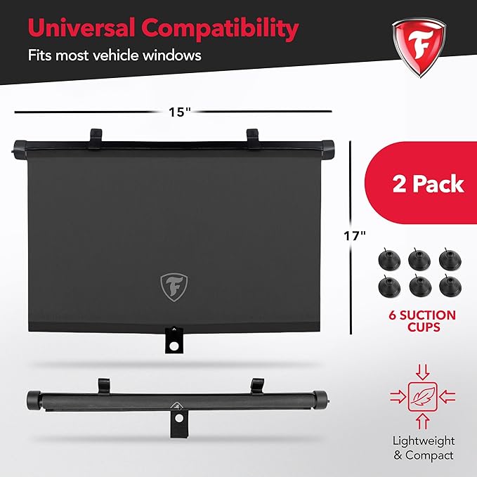 Firestone 2 Pack Retractable Automotive Sunshade Car Window Sunshades - Blocks 99% UV Rays, Lightweight & Compact Car Side Window Shade with Automatic Retract Button, Blocks Glare & Heat, Black