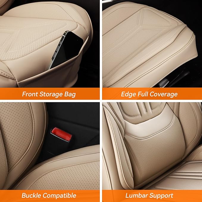 Car Seat Covers Front Seats, Premium Leather Car Seat Covers, Waterproof and Breathable Seat Covers, Universal Car Seat Protector Fit for Cars, Trucks, SUVs, Pick-ups(Beige, 2 PCS Front Seat)