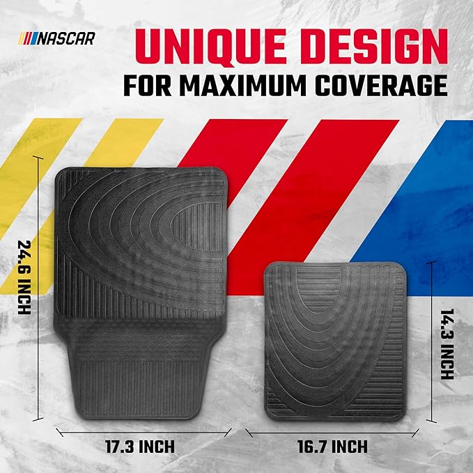 NASCAR Essential Car Floor Mats – 4-Piece Set | All-Weather Protection | Universal Fit for Cars, Trucks & SUVs | Trim-to-Fit | Black Rubber Floor Mats
