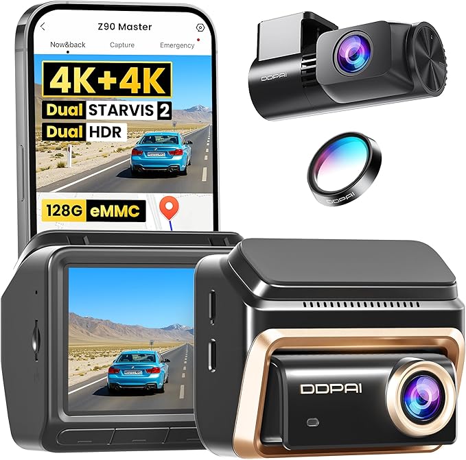DDPAI Dual 4K Dashcam,Dashcams for Car with Free 128G eMMC + CPL,Dual STARVIS 2 IMX678 + IMX678 Sensors Front and Rear Car Camera,AI ISP Night Vision 2.0,4G,ADAS,WiFi,24H Parking Mode,Z90 Master Dual