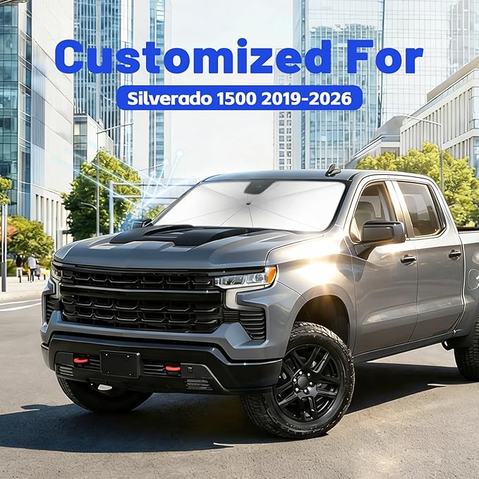 Car Windshield Sun Shade for Chevrolet Silverado 1500 2019-2026 –[Reflective Coated Fabric] Sunshade Umbrella for Front Window, Car Shades Sun Visor Keep Car Cool and Protects Interior, 1:1 Exact Fit
