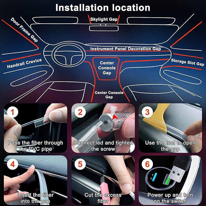 LED Lights for Car Interior - 5 in 1 Wireless Ambient Lighting Kit with 236" Fiber Optic, 16 Million Colors, APP Music Sync - Car Neon Lights for Cars, Trucks, SUVs（USB）