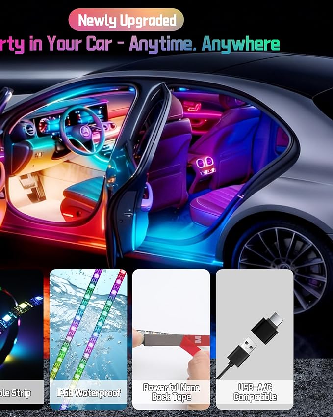 Interior LED Lights for Car, Flexible LED Strip with App and Remote Control, USB-A/C RGB Lights with DIY Mode and Music Mode, 72 LEDs