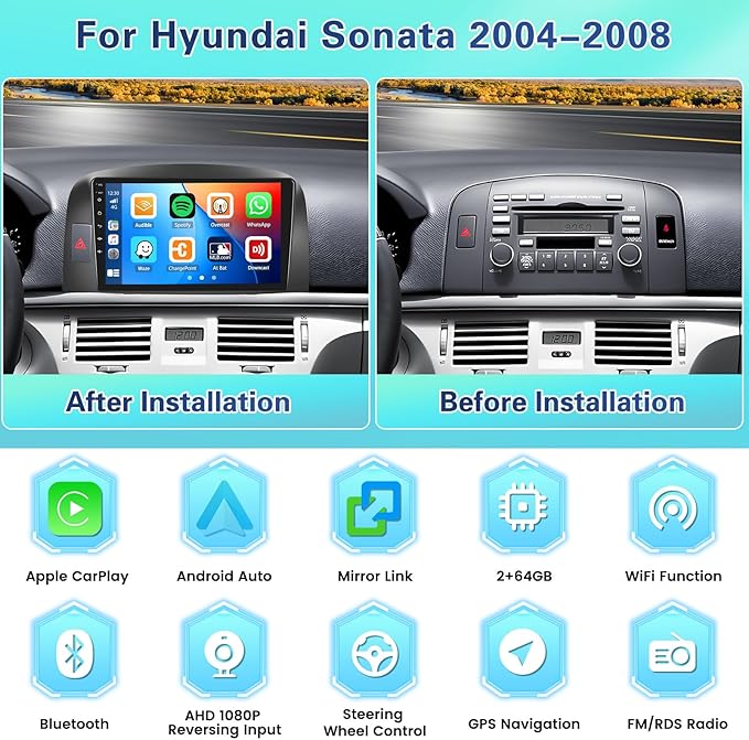 2+64GB Android Car Stereo for Hyundai Sonata 2004-2008 Wireless Carplay Android Auto, 9 Inch Touchscreen Car Radio GPS Navi WiFi Bluetooth Backup Camera FM RDS Radio EQ SWC