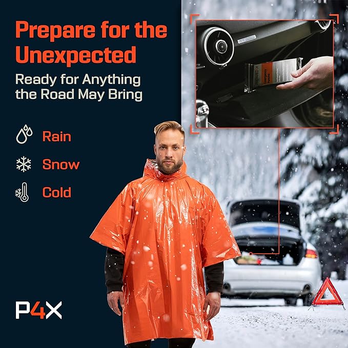 PREPARED4X Emergency Mylar Poncho – Survival Rain Poncho with Hood – Lightweight, Compact, Reusable Emergency Blanket Poncho for Hiking, Camping, Thermal Gear, Car Kit, Outdoors