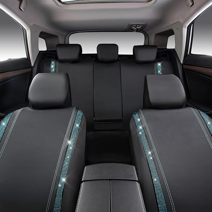 CAR PASS Bling Car Seat Covers Full Set, Shining Rhinestone Diamond Waterproof Faux Leather Universal Fit 95% Automotive Glitter Crystal Sparkle Strips for Cute Women Girl, Full Set (Mint Diamond)