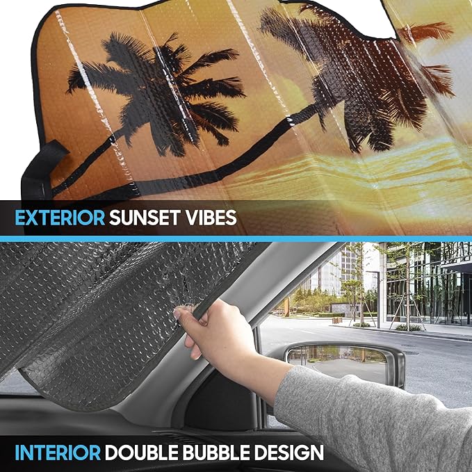 BDK Golden Sunset Beach Front Windshield Sun Shade Accordion Folding Cute Car Window Shades for Truck & Car Sunshade Shield for Sun UV Rays - Visor Protector Keeps Your Vehicle Cool - 58 x 27 inches