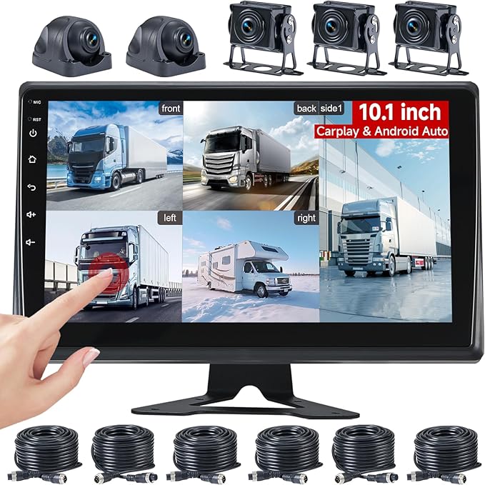 RV Backup Camera System with Carplay, Wired Security 1080P Cameras with 10.1 inch Android Auto 6 CH Touch Screen, GPS Navigation Loop Recording DVR for RV Semi Truck Trailer Camper