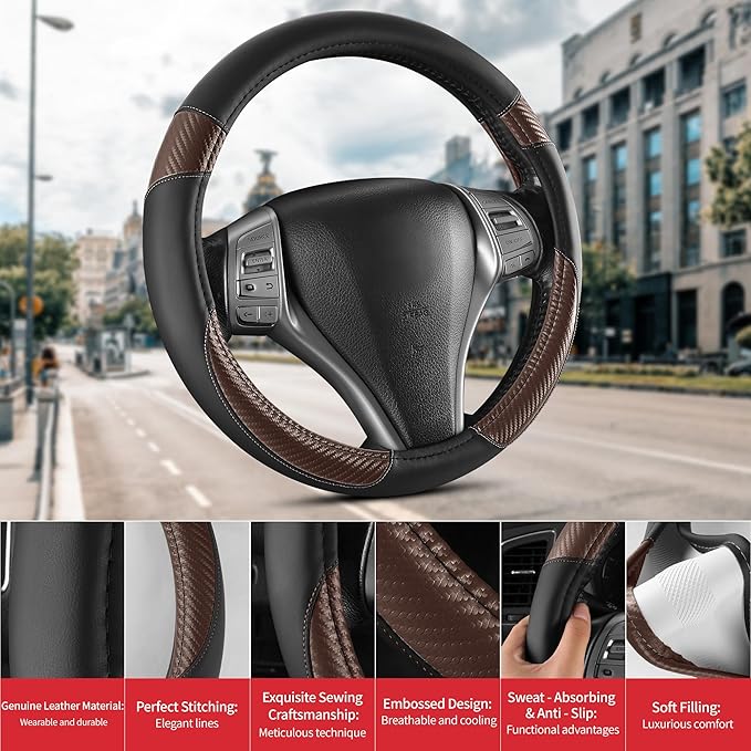 Non-Slip Car Nappa Leather Steering Wheel Cover,Universal Car Accessories Women Men Fit 14" 1/2-15" Suvs/Vans/Sedans/Cars/Trucks,Brown