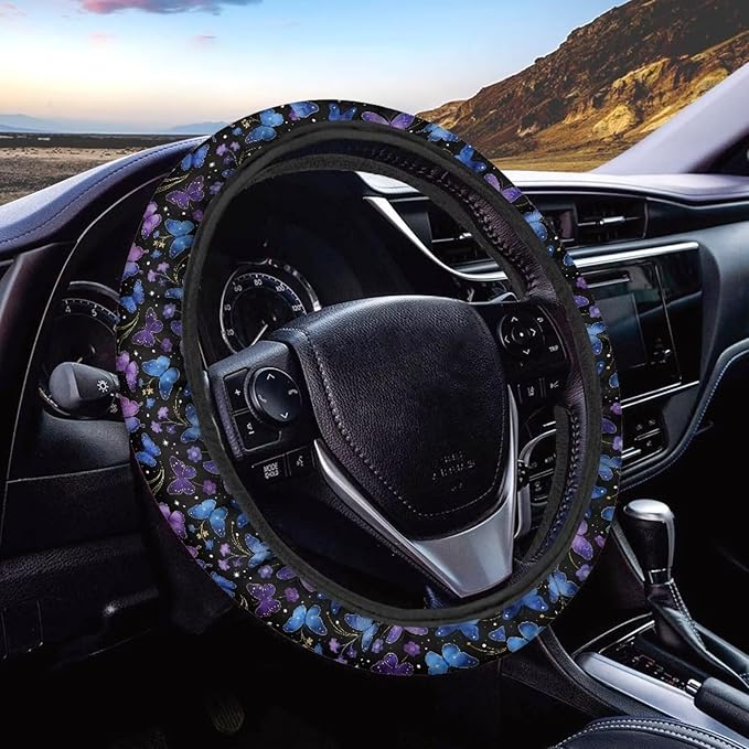AFPANQZ Steering Wheel Protection for Automotive Steering Wheel Covers, Blue Purple Butterfly Sweat Absorption Comfort Grip for Driver Women Men