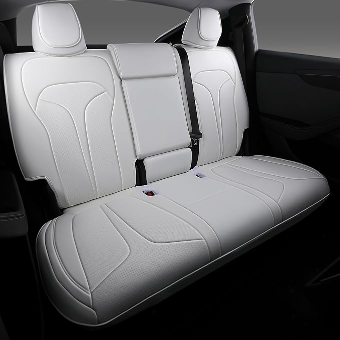 Custom Fit Seat Covers for 2025 2026 Tesla Model Y Juniper (5-Seater), Waterproof Breathable Nappa Leather, OEM Factory Style Full Set Car Seat Protectors Airbag Compatible - White