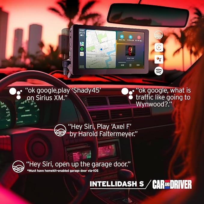 Car and Driver INTELLIDASH 7" HD Touchscreen – Portable Apple CarPlay Wireless Android Auto Screen for Car, Bluetooth Stereo, Backup Camera Support, Mirror Link, GPS Navigation, Siri, Google, SiriusXM