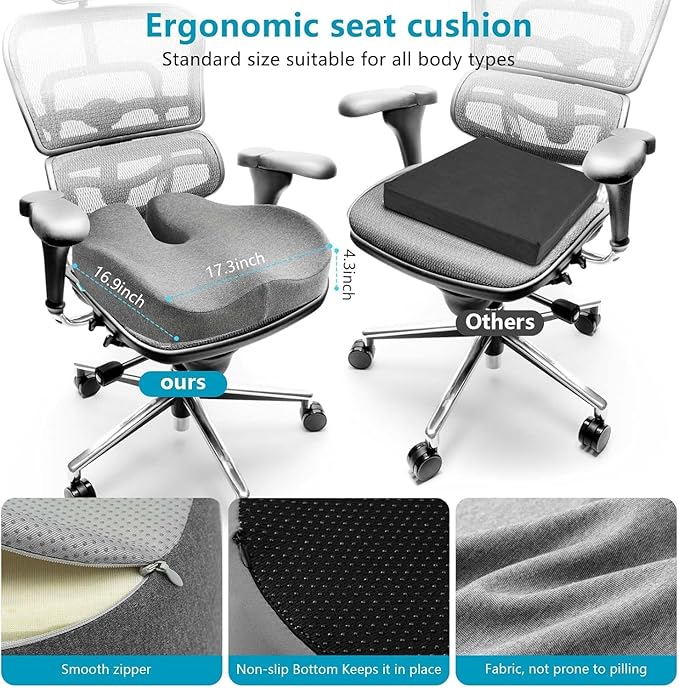 Seat Cushion, Office Chair Cushion for Sciatica, Coccyx Cushion, Ergonomic Memory Foam Seat Cushion for Car, Home, Pressure Relief Pad for Hip, Tailbone, All Day Comfort - Gray