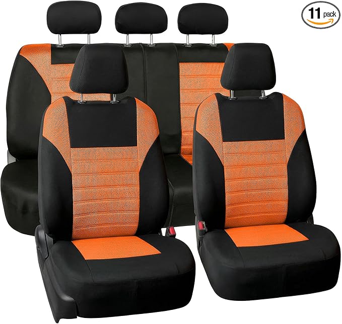 FH Group Automotive Car Seat Covers Full Set Premium 3D Air Mesh Front Seat Covers, Airbag Compatible & Split Bench Cover Universal Fit Interior Accessories for Cars Trucks and SUVs - Orange