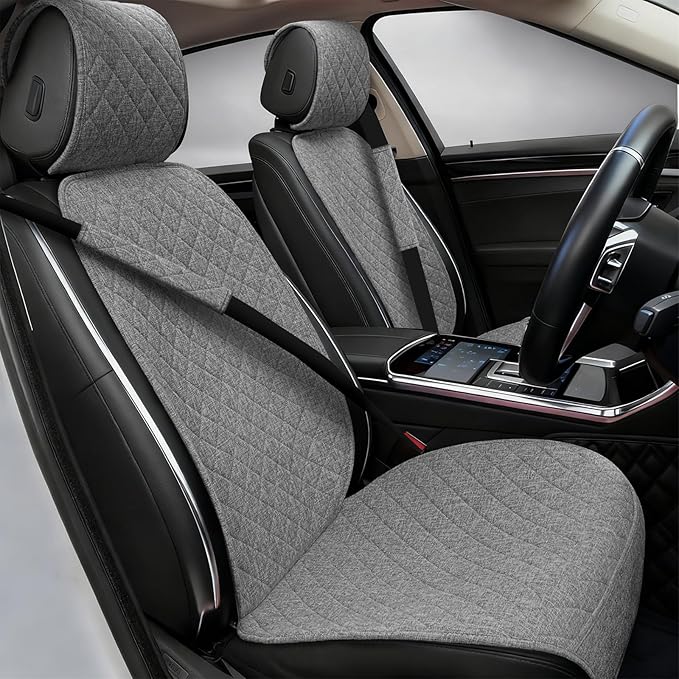 2PCS Linen Car Seat Covers Front Seats,Breathable Cloth Fabric Car Seat Protector - Universal Cloth Seat Covers Fit for Cars, Vans, SUVs, Trucks and for All Seasons - Gray