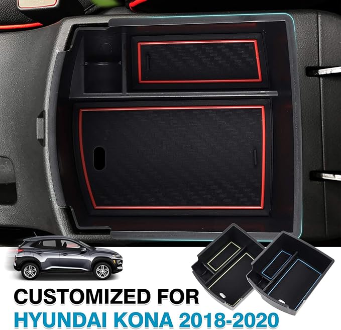 Autorder Center Console Organizer for Hyundai Kona 2018-2021 2022 2023 Accessories Armrest Storage Box Secondary Insert Tray with 3 Color Mats (Not for Kona EV)