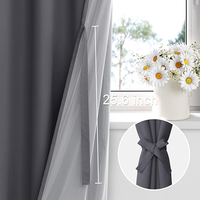 XWZO Extra Wide Full Blackout Curtain - Thermal Insulated Black Liner Curtains, Noise Reducing and Heat Blocking Drapes for Hall and Studio Windows with Tiebacks, Dark Grey, W60 x L63, Set of 2