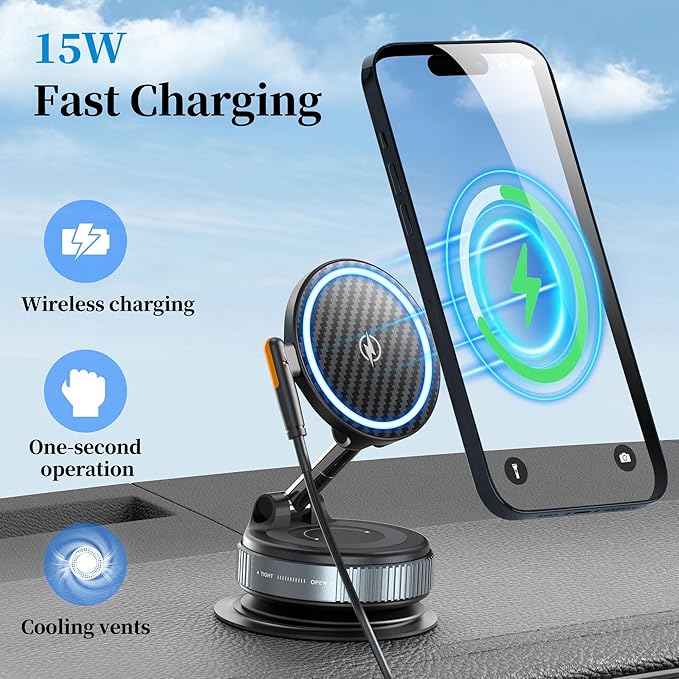 PlusAcc Vacuum Magnetic Phone Holder for Car, Suction Cup Phone Mount for MagSafe, 360°Rotatable Strong Magnet Stand for iPhone 16/15/14/13 in Smooth Surface (Charging)