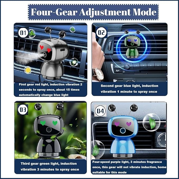 Robot Intelligent Aromatherapy Machine, Smart Cute Robot Car Air Freshener, Fine Spray/Fillable/Four-Gear Adjustment/Vibration Sensing/On-Off/Large Capacity Long-Lasting Fragrance/V3 (Black, Cologne)