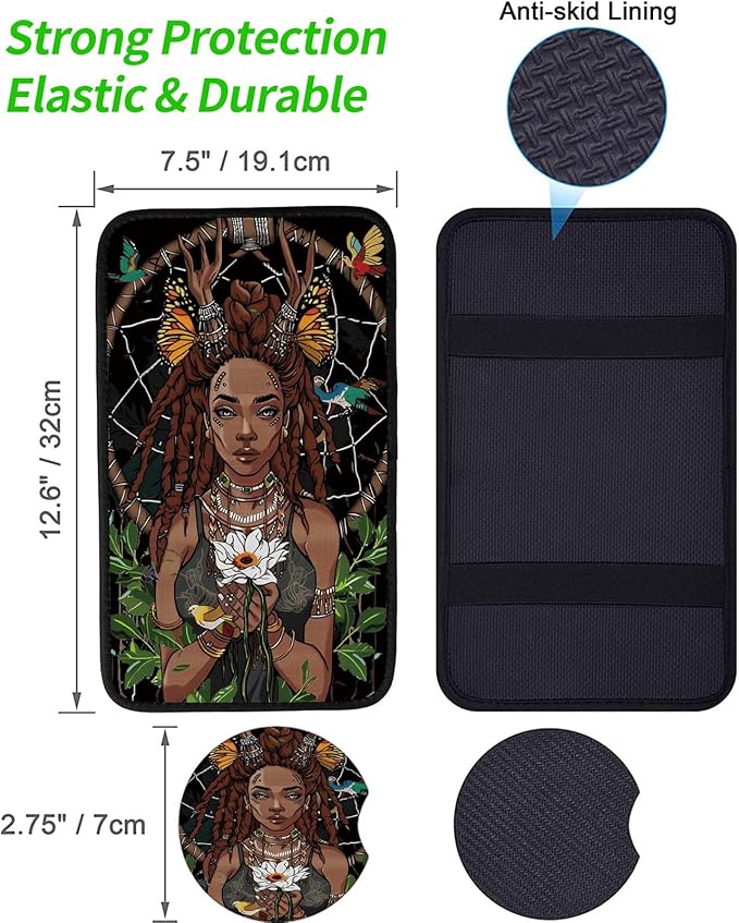 Car Armrest Cover Pads Universal Fashion Cute Auto Center Console Armrest Cover Pad with 2PCS Car Coasters Soft Waterproof Car Armrest Seat Protector for Women, African American Girl