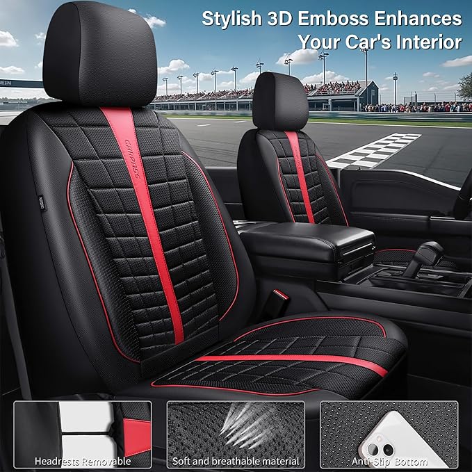 CAR PASS Leather Mesh Car Seat Covers Full Set, 3D Foam Breathable Luxury Mesh Leather Seat Covers Full Set, Universal Fit for Cars Trucks SUV, Airbag Compatible, Anti Slip Seats 5 Black Red