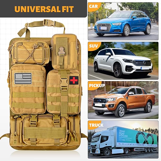 Universal Tactical Seat Back Organizer Vehicle Molle Panel Organizer Storage Bag with 5 Detachable Molle Pouch, Khaki