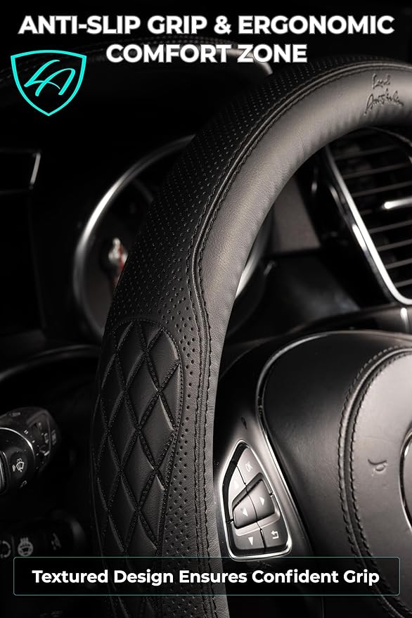 Lord Autofashion Steering Wheel Cover – PU Leather, Non-Slip Rubber Inner, All-Season Comfort – 14.5–15 Inch (Black 9366)