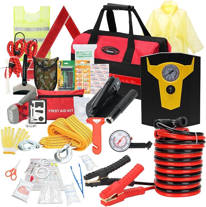 Vetoos Car Roadside Emergency Kit with Jumper Cables, Auto Road Side Safety Kit for Vehicles - with Premium Carry Bag, Portable Air Compressor