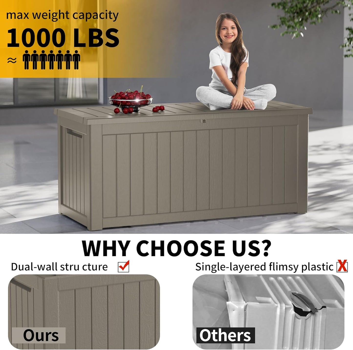 270 Gallon Outdoor Storage Box Patio Deck Box Waterproof, Resin Lockable Outside Large Storage Bin for Pool Cushion Furniture, Garden Tools UV-Resistant, Grey