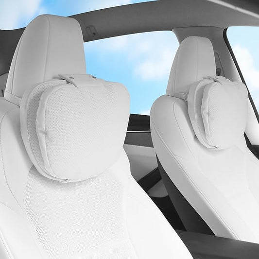 Car Headrest Pillow for Driving, Dual-Sided Leather Design Neck Pillow, Breathable Softness Neck Support, Universal Fit Head Rest Travel Pillow, White, 2 Pack