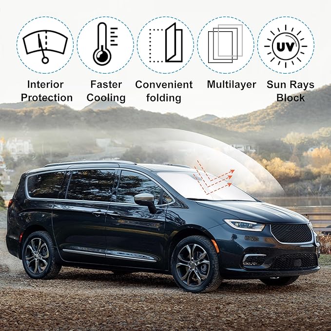 Windshield Sun Shade Custom Fit for 2017-2024 2025 2026 Chrysler Pacifica Minivan Accessories Foldable Sunshade Sun Blocker Protect Car from Sun Rays & Heat Damage Keep Car Cooler