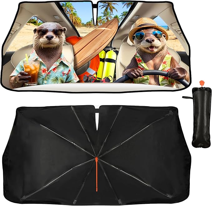 CHILL·TEK Funny Animal Car Windshield Sun Shade Umbrella, Funny Otters Car Sun Shade Umbrella, Block UV Rays Heat Foldable Windshield Umbrella Sun Visor Protector - Keep Vehicle Cool for Cars SUV