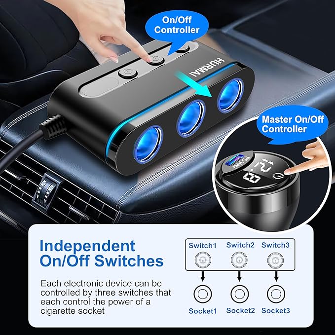Cigarette Lighter Splitter,3 Socket Cars Cigarette Lighter Adapter,Heavy Duty Truck USB Chager Multi Port with PD30W/QC3.0 USB C 12/24V Car Plug Outlet with LED Voltage Display Independent Switches