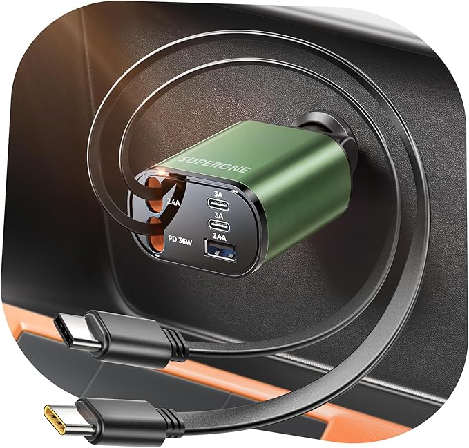 SUPERONE 5 in 1 Retractable Car Charger with Dual Type C Cables, 90W Fast Charging USB C Car Accessories Adapter for iPhone 17/16/15/14/13/12, iPad, Galaxy, Pixel