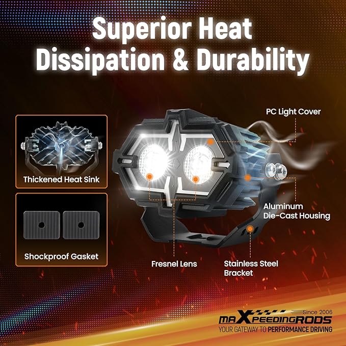 maXpeedingrods 108W 4.5 Inch LED Offroad Light Pod Combo Beam, Amber/White DRL & Multi-Mode Driving Lights,Waterproof with Heat Dissipation, Remote Control Plug and Play for Truck ATV Jeep Ford,Pair