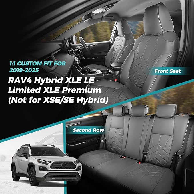 for Toyota RAV4 Seat Covers 2019 2020 2021 2022 2023 2024 2025 RAV 4 Prime & Hybrid XLE LE Limited XLE Premium (Not for XSE/SE Hybrid) - Custom Leather Car Seat Covers Full Set - BlackGrey