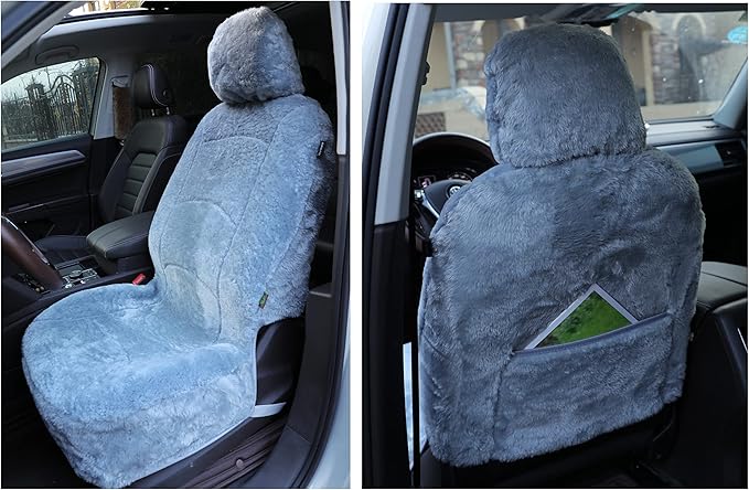 Genuine Sheepskin Seat Cover Lambskin Seat Cover Winter Car Seat Cover Lambs Wool Sheep Skin Fuzzy Shearling Car Accessories Front with Curve Patten (Light Gray Color)