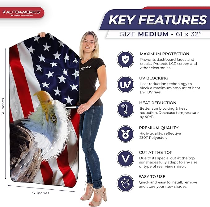 Autoamerics 1-Piece Windshield Sun Shade American Eagle Flag - 2 USA Patriotic Design - Foldable Car Front Window Sunshade for Sedans SUV Truck - Blocks Max UV Rays and Keeps Your Vehicle Cool Medium