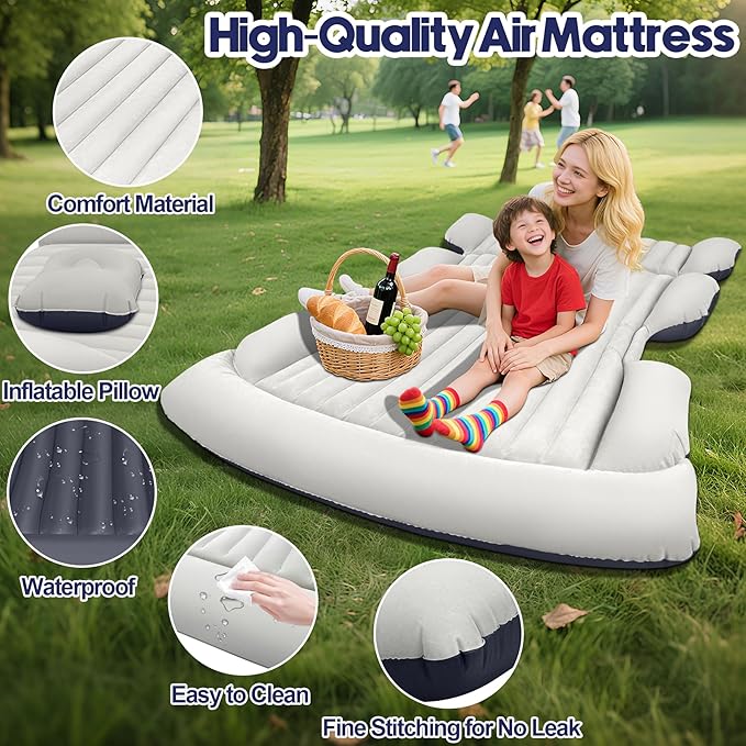 SUV Air Mattress with Air Pump,Thickened Camping Bed with 2 Pillows,Portable Car Air Mattress,Quick Easy Set-Up,Inflatable Bed for Car,Durability car Bed for SUV, Home,Travel,Camping(GreyBlue)